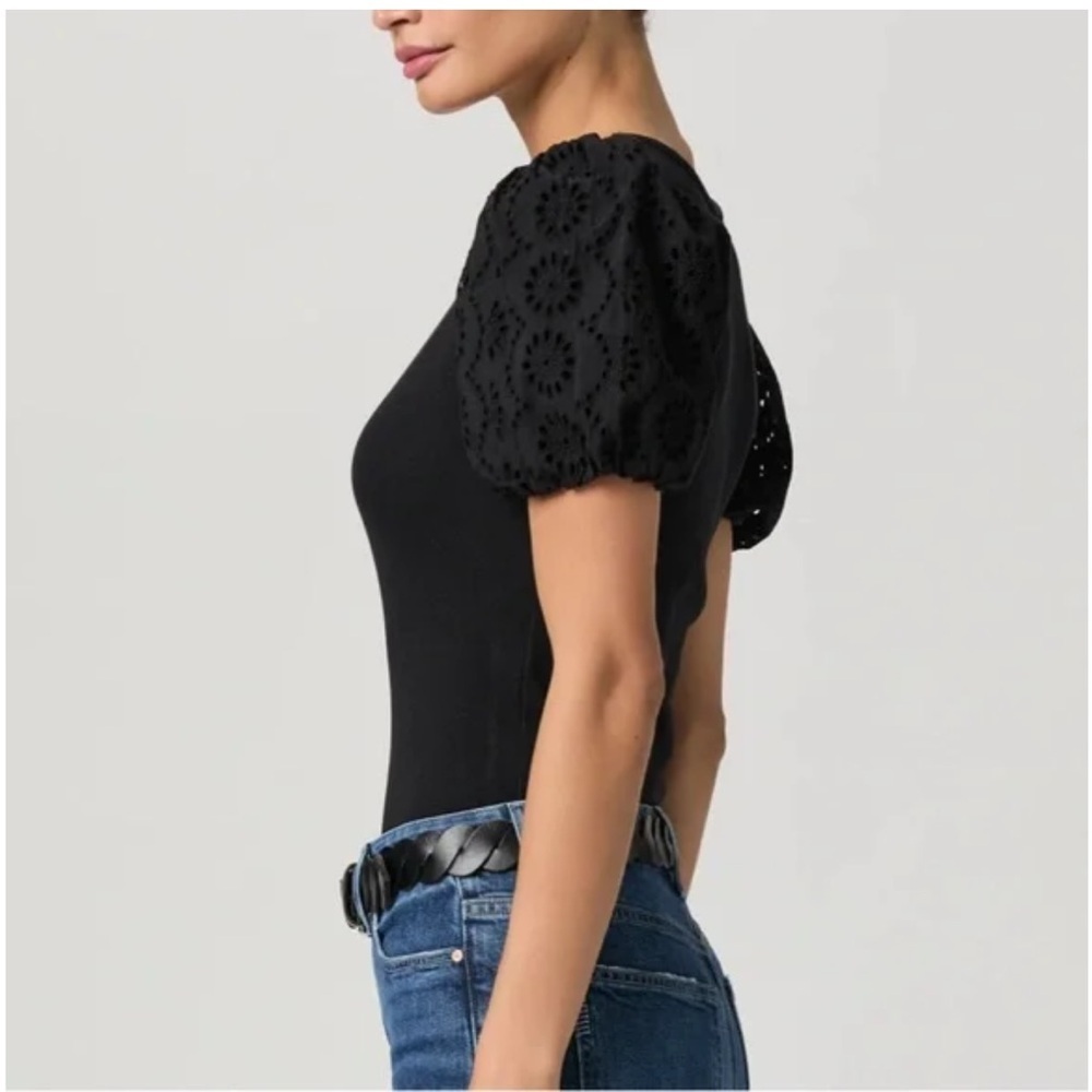 Paige NWT Marina Puff Sleeve Ribbed Top in Black Size Large - Picture 5 of 9